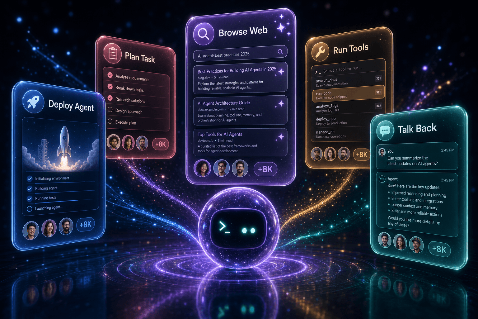Glass cards labelled Deploy Agent, Plan Task, Browse Web, Run Tools and Talk Back orbiting a glowing terminal-cursor orb on a dark navy background.