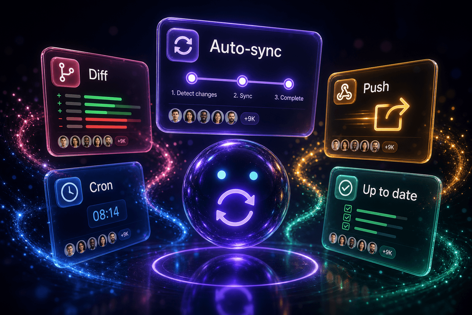 Glass cards labelled Diff, Auto-sync, Push, Cron and Up to date orbiting a glowing sync-icon orb on a dark navy background.