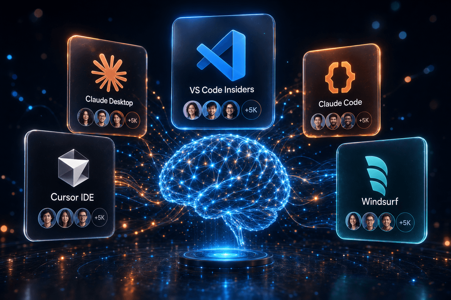 Glassmorphism cards for Cursor IDE, Claude Desktop, VS Code, Claude Code and Windsurf orbiting a glowing blue neural brain on a dark background.