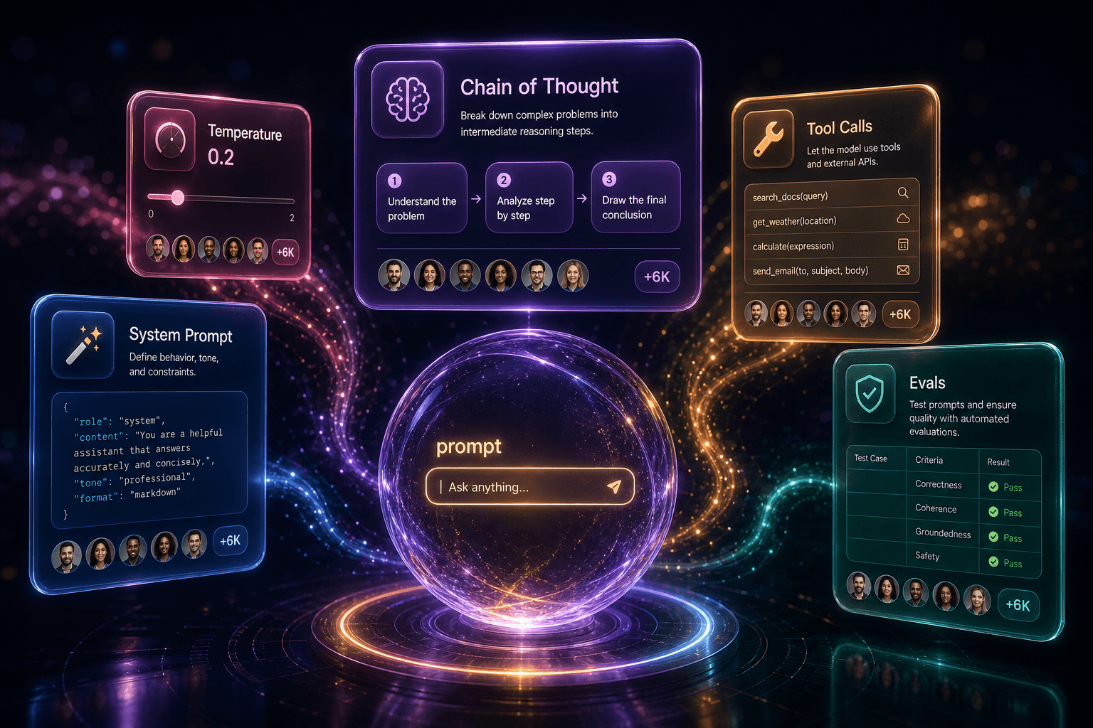 Glass cards labelled System Prompt, Temperature, Chain of Thought, Tool Calls and Evals orbiting a glowing prompt-input sphere on a dark navy background.