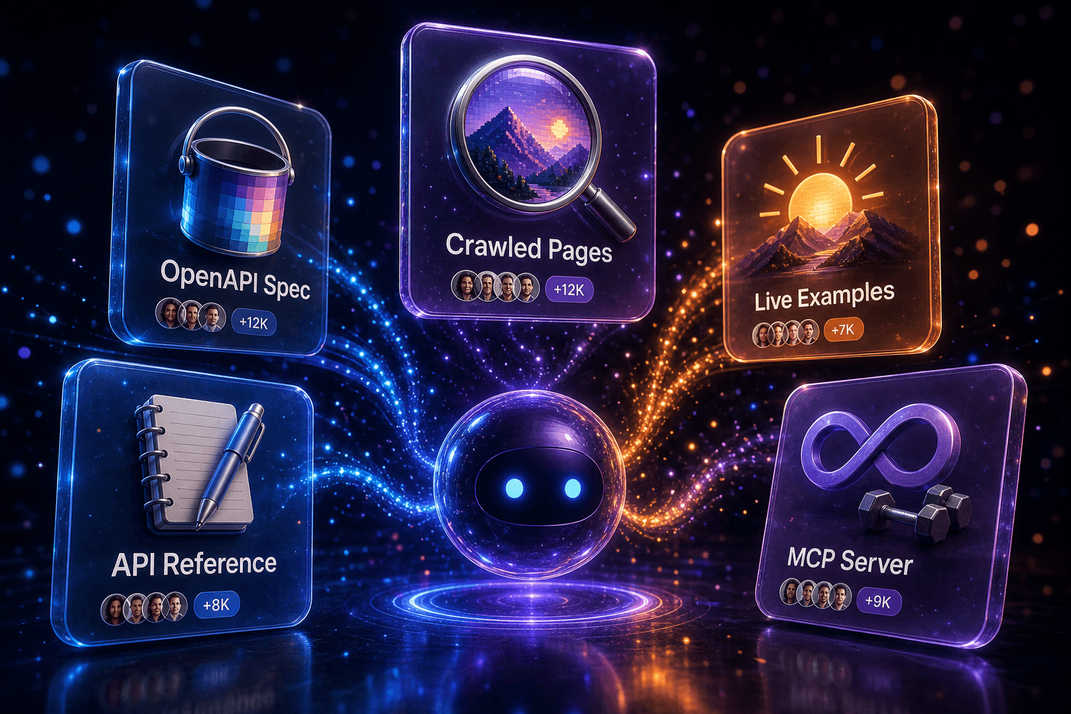 Floating glass cards labelled API Reference, OpenAPI Spec, Crawled Pages, Live Examples and MCP Server orbiting a glowing assistant orb on a dark navy background.